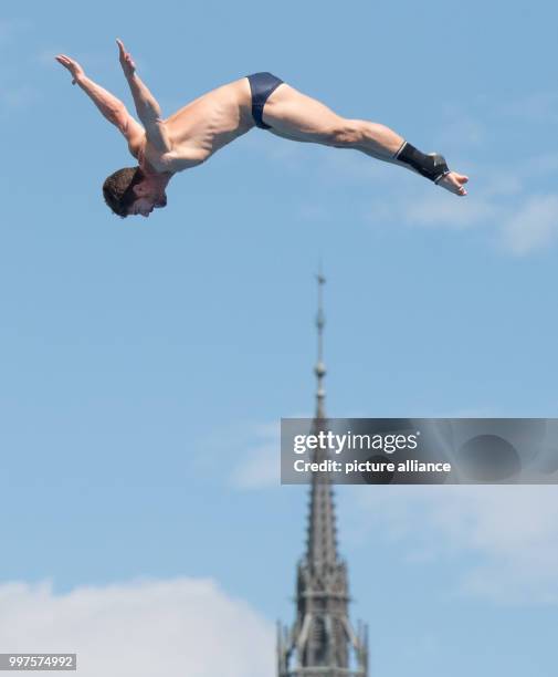 David Colturi from the US in action during the preliminary round of the men's 27m cliff jumping competition in Budapest, Hungary, 28 July 2017....