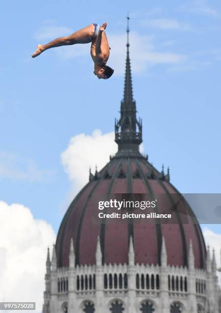 Sergio Guzman from Mexico in action during the preliminary round of the men's 27m cliff jumping competition in Budapest, Hungary, 28 July 2017....