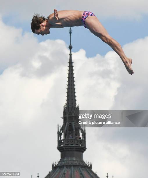 Gary Hunt from Great Britain in action during the preliminary round of the men's 27m cliff jumping competition in Budapest, Hungary, 28 July 2017....