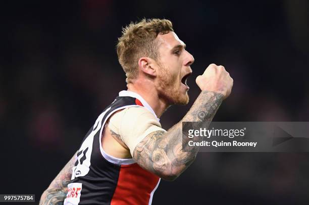 Tim Membrey of the Saints celebrates kicking a goal during the round 17 AFL match between the St Kilda Saints and the Carlton Blues at Etihad Stadium...