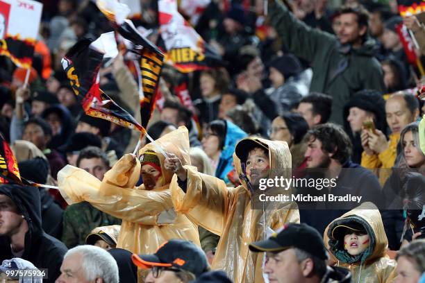 Fans support the Chiefs during the round 19 Super Rugby match between the Chiefs and the Hurricanes at Waikato Stadium on July 13, 2018 in Hamilton,...
