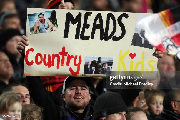 Fans support the Chiefs during the round 19 Super Rugby match between the Chiefs and the Hurricanes at Waikato Stadium on July 13, 2018 in Hamilton,...