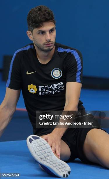 Andrea Ranocchia of FC Internazionale trains in the gym during the FC Internazionale training session at the club's training ground Suning Training...