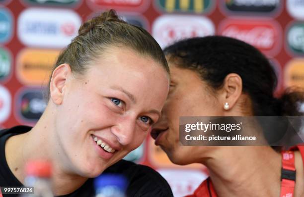 Goalkeeper Almut Schult and national soccer coach Steffi Jones , photographed at the UEFA press conference for the UEFA Women's Euro soccer...