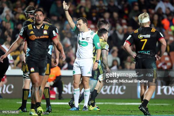 Referee Mike Fraser during the round 19 Super Rugby match between the Chiefs and the Hurricanes at Waikato Stadium on July 13, 2018 in Hamilton, New...