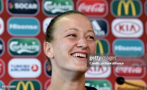 Goalkeeper Almut Schult, photographed at the UEFA press conference for the UEFA Women's Euro soccer tournament at the Stadium Sparta Rotterdamm,...
