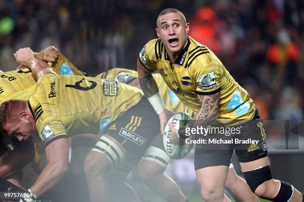 Hurricanes' TJ Perenara in action during the round 19 Super Rugby match between the Chiefs and the Hurricanes at Waikato Stadium on July 13, 2018 in...
