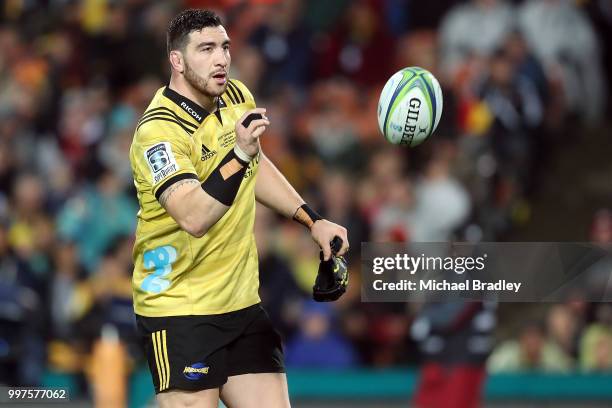 Hurricanes' Jeff Toomaga-Allen runs onto the field during the round 19 Super Rugby match between the Chiefs and the Hurricanes at Waikato Stadium on...