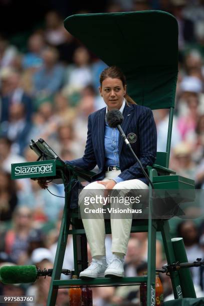 Female umpire during the quarter-final match between Angelique Kerber of Germany and Daria Kasatkina of Russia on day eight of the Wimbledon Lawn...
