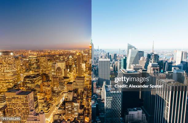 aerial view of night and day change in new york city, ny, usa - halved 個照片及圖片檔