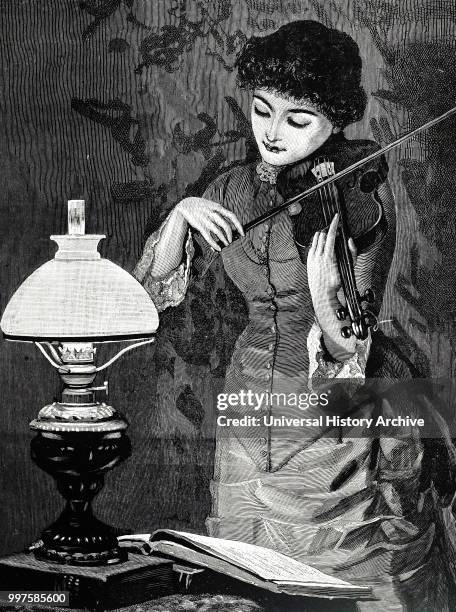 Engraving depicting a typical oil lamp fitted with an opaque glass shade to diffuse the light. Dated 19th century.