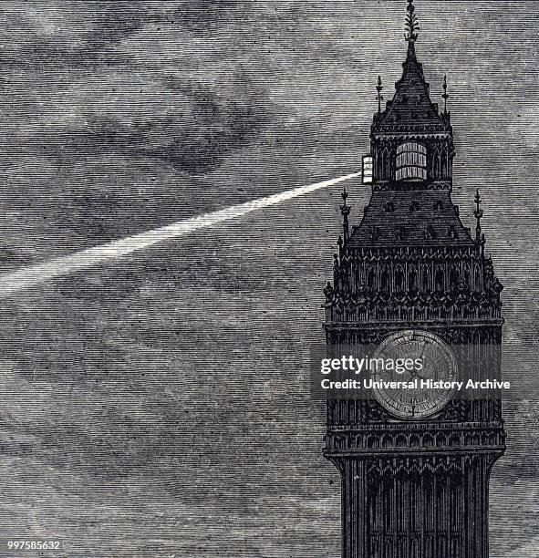 Engraving depicting a carbon arc lamp with Chance Bros optics and powered by a Gramme dynamo, used to light the beacon at the top of the Victoria...