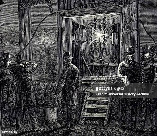 Engraving depicting a carbon arc lamp with Chance Bros optics and powered by a Gramme dynamo, used to light the beacon at the top of the Victoria...