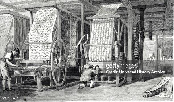 Engraving depicting a Calico printing machine. Dated 19th century.