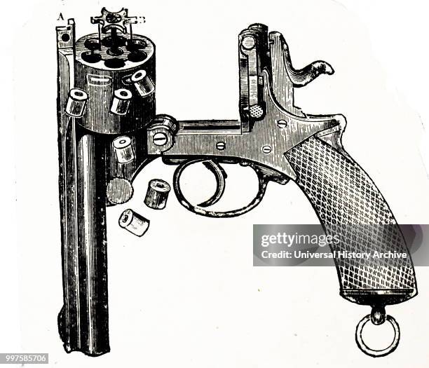 Woodcut illustration showing a revolver with an extractor. The gun was broken and the magazine depressed so that the extractor could rapidly clear...