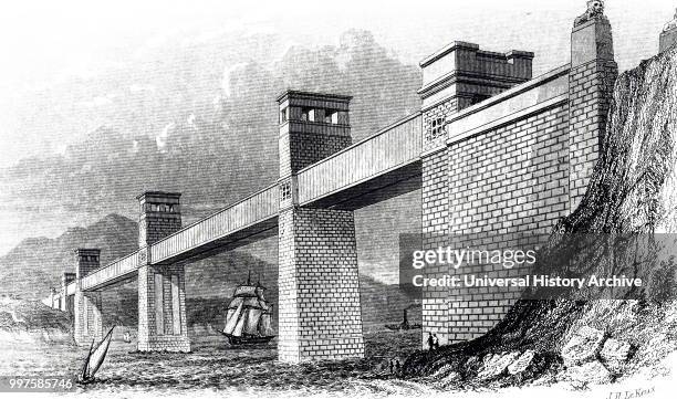 Engraving depicting Britannia bridge across the Menai Straits. Dated 19th century.