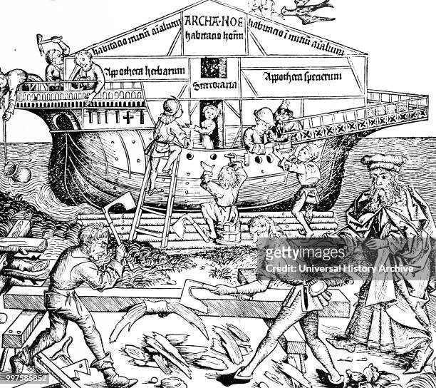 Woodblock engraving depicting Noah supervising the building of the Ark. In the foreground two men are shaping a beam using adzes. Dated 15th century.