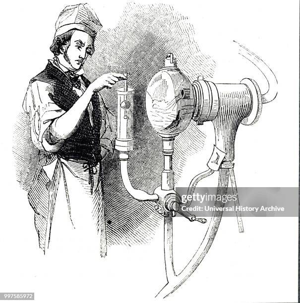 Engraving depicting the measuring of the specific gravity of alcohol with a hydrometer. Dated 19th century.