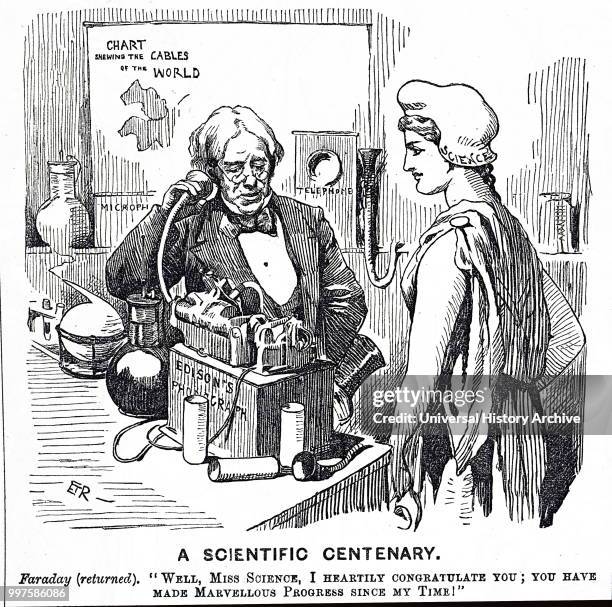 Engraving depicting Michael Faraday in his laboratory at the Royal Institute. Michael Faraday an English scientist. Dated 19th century.