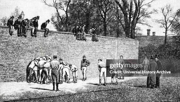 Engraving depicting boys playing the Eton Wall Game. Dated 19th century.