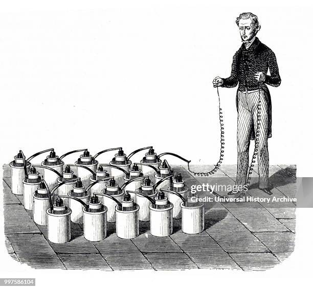 Engraving depicting a battery of twenty cells used to give therapeutic shocks. Dated 19th century.