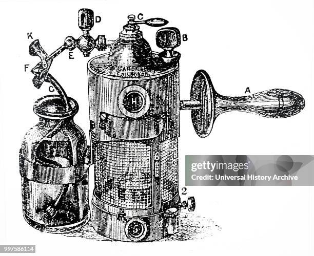 Engraving depicting Leitner of Vienna's 'Steam Spray'. This supplanted his 'Donkey Engine' spray and could fill a room with steam and carbolic acid...