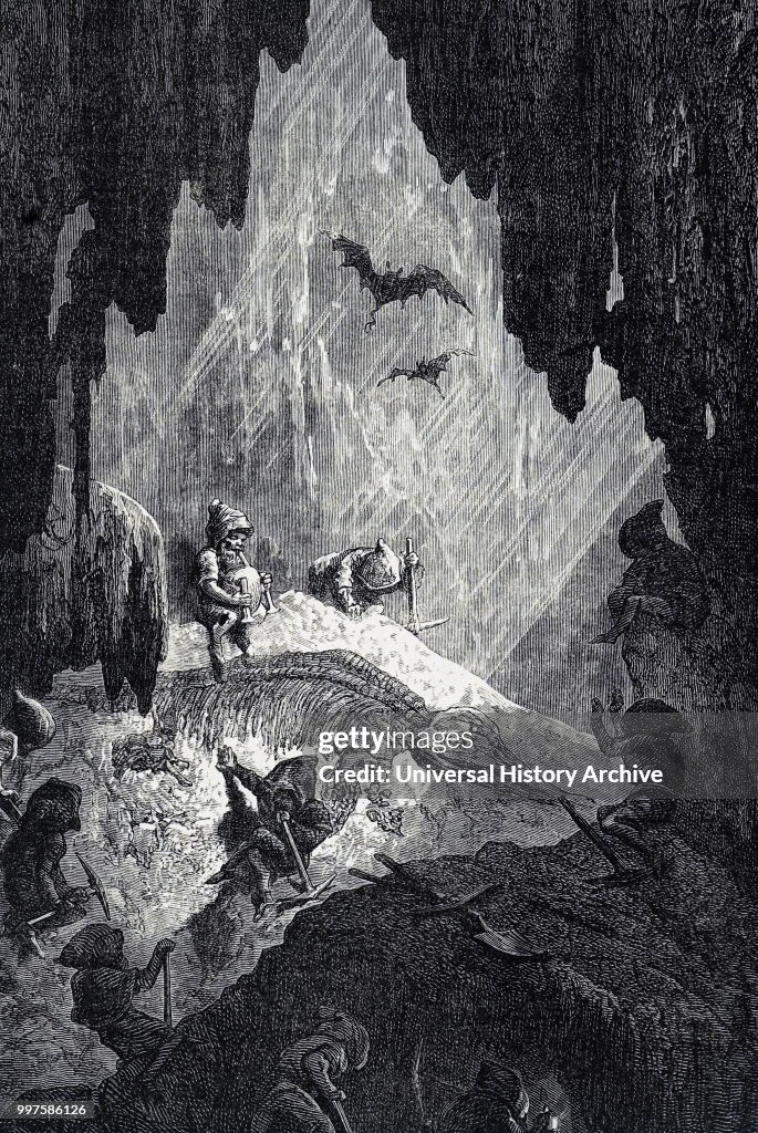The gnomes of German legend excavating a Ichthyosaurus skeleton.