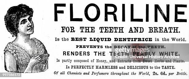 Advertisement for Floriline for teeth and breath - "the best liquid dentifrice in the world" - used to prevent the decay of teeth. Dated 19th century.