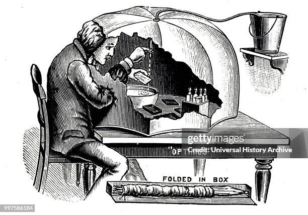 Engraving depicting William Henry Perkin's portable darkroom. William Henry Perkin a British chemist and entrepreneur. Dated 19th century.