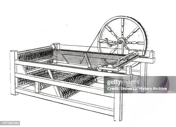 Engraving depicting James Hargreaves' Spinning Jenny. The spinning jenny is a multi-spindle spinning frame, and was one of the key developments in...