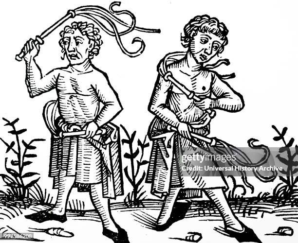 Woodblock engraving depicting members of the sect of Flagellants scourging themselves. At the time of the Black Death in Europe, members of the sect...