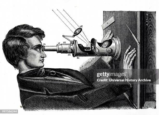 Engraving depicting the use of a compound microscope. The lens attached to the microscope focuses light on to the microscope stage. Dated 19th...