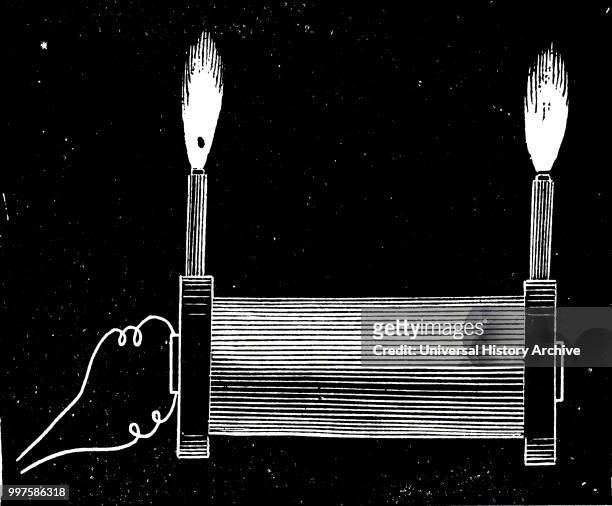 Engraving depicting Nikola Tesla's A.C. Experiments: high frequency brush discharge from a coil. Nikola Tesla a Serbian-American inventor, electrical...
