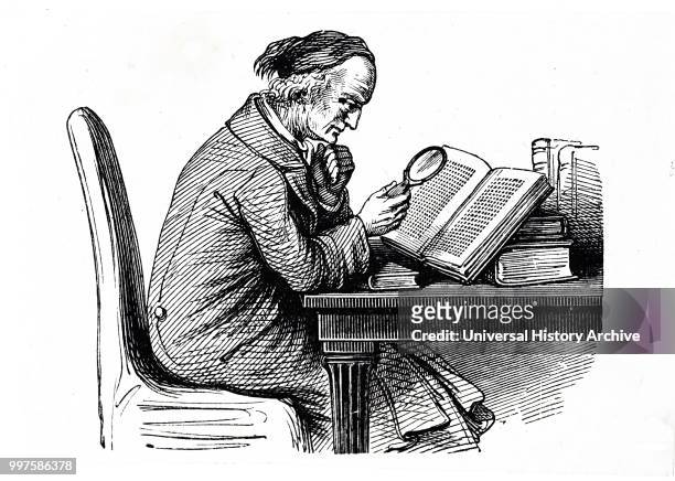 Engraving depicting a man reading with the help of a magnifying glass. Dated 19th century.