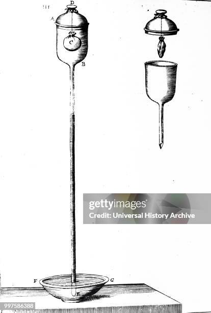 Engraving depicting one of Evangelista Torricelli's experiments on barometric pressure: small bladder containing a little air was hung in a chamber...