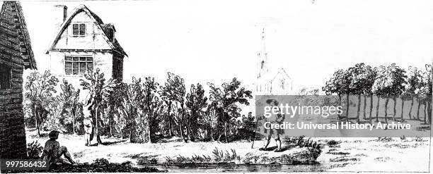 Woodblock engraving depicting a landowner inspecting immature coppice. Dated 18th century.