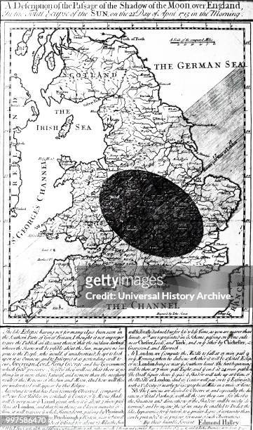 Engraving depicting Edmond Halley's solar eclipse chart, showing the path of the Moon's shadow. Edmond Halley an English astronomer, geophysicist,...