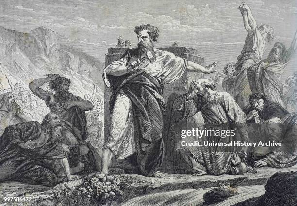 Engraving depicting Moses destroying the golden calf. After forty days he came down the mountain with the tablets inscribed with the Ten Commandments...