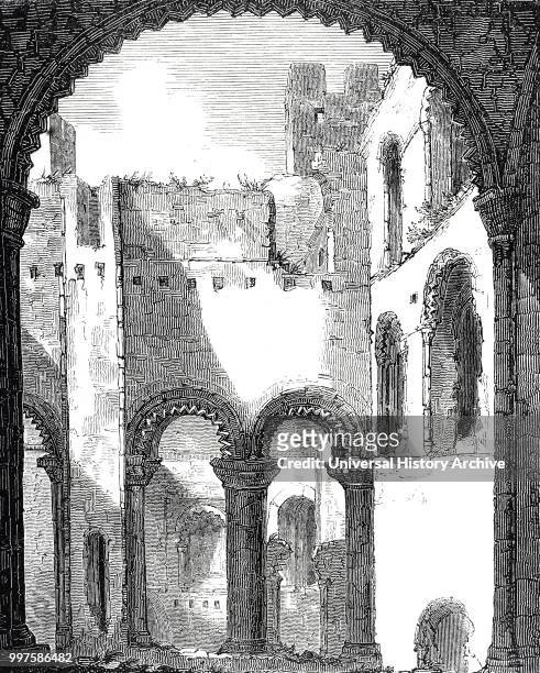 Engraving depicting Rochester Castle, Kent: Interior of remains of Rochester Castle. Dated 19th century.