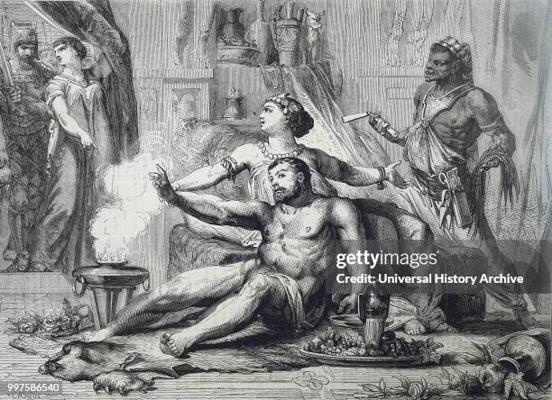 Engraving depicting Samson being betrayed to the Philistines by Delilah. His enormous strength left him with the loss of his hair. Dated 19th century.