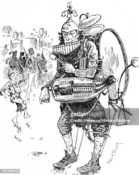 Illustration depicting a one man band. He is managing to entertain people with a Hurdy Gurdy, Pan Pipes, Spoons, Drum, Triangle, Cymbals, Bells,...