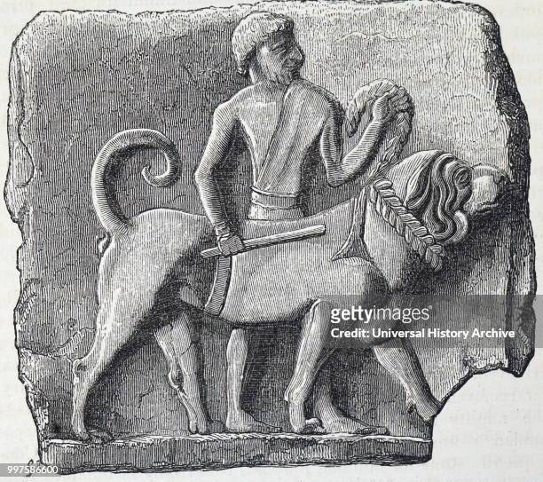 Engraving of a terracotta tablet excavated in Babylon showing a large dog and it's attendant. Dated 19th century.