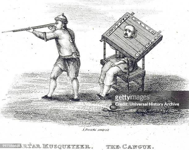 Engraving depicting a man being punished by a cangue, a device that was used for public humiliation and corporal punishment. Dated 19th century.