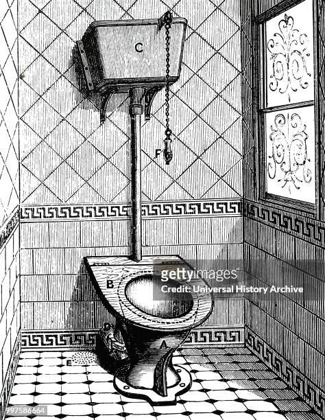 Engraving depicting a pedestal WC with siphon flushing system. Dated 19th century.