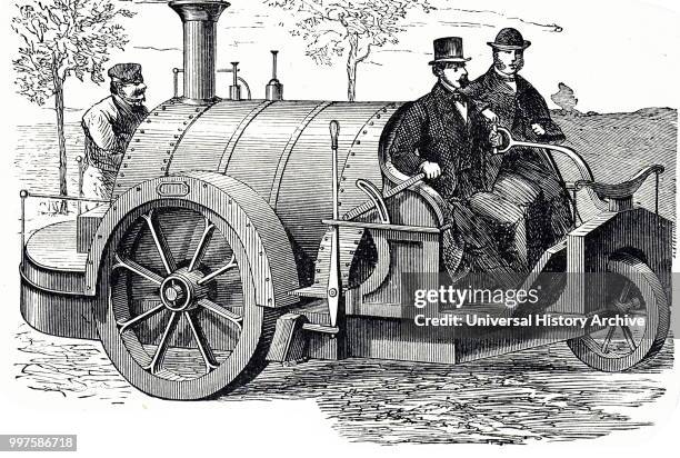 Engraving depicting a steam road carriage. Dated 19th century.