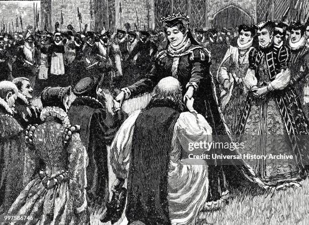 Engraving depicting Queen Mary I on her arrival in London in 1553 to claim her throne, being greeted on Tower Green by States prisoners detained in...