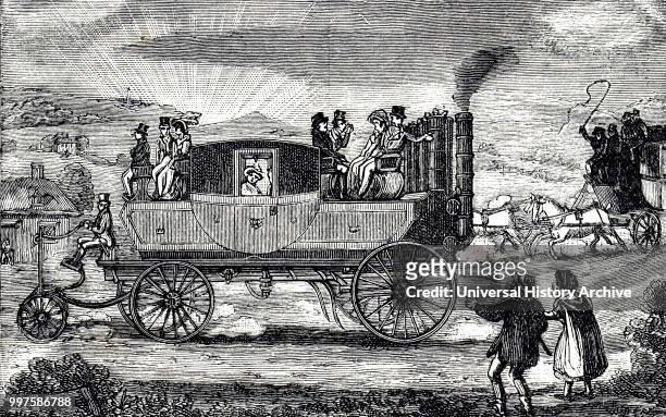 Engraving depicting a steam road carriage which could carry up to six passengers inside and an additional twelve outside. Dated 19th century.