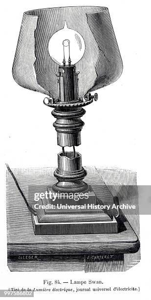 Engraving depicting Swan incandescent filament light fitting in a table light. Dated 19th century.