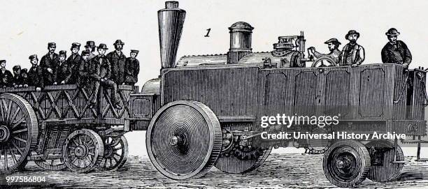 Engraving depicting a steam traction engine. Dated 19th century.