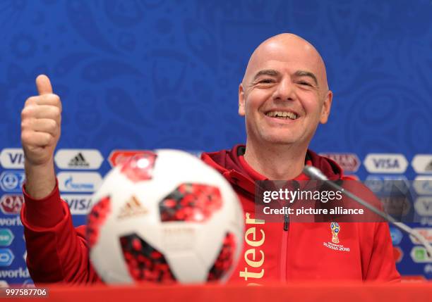 July 2018, Russia, Moscow: Soccer, World Cup. FIFA President Gianni Infantino gesticulating at a press conference. Photo: Christian Charisius/dpa